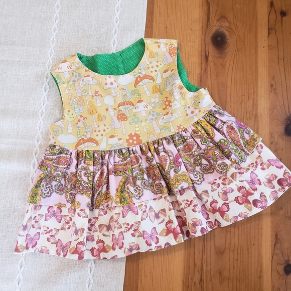 Vintage Baby Girl Dress Merry Mushrooms Ruffle Dress Spring Summer Cottagecore - Picture 1 of 10
